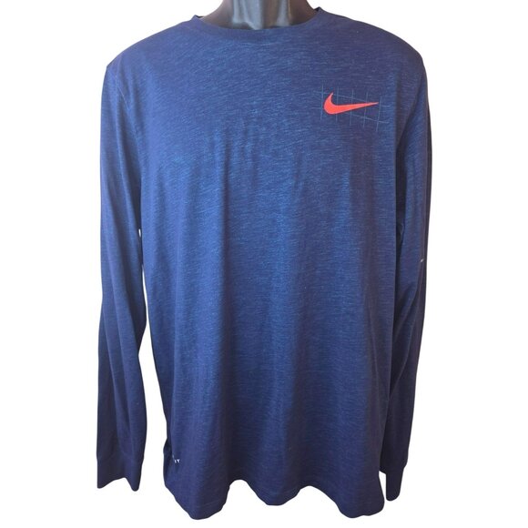 Nike Mens Dri-Fit Long-Sleeve Tee Shirt Large Blue - Red Swoosh Logo & Pocket - Picture 1 of 8